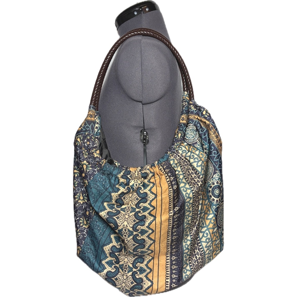 Vintage Y2K Boho Paisley Patchwork Hobo Bag Blue Gold Slouchy Tote Shoulder Bag